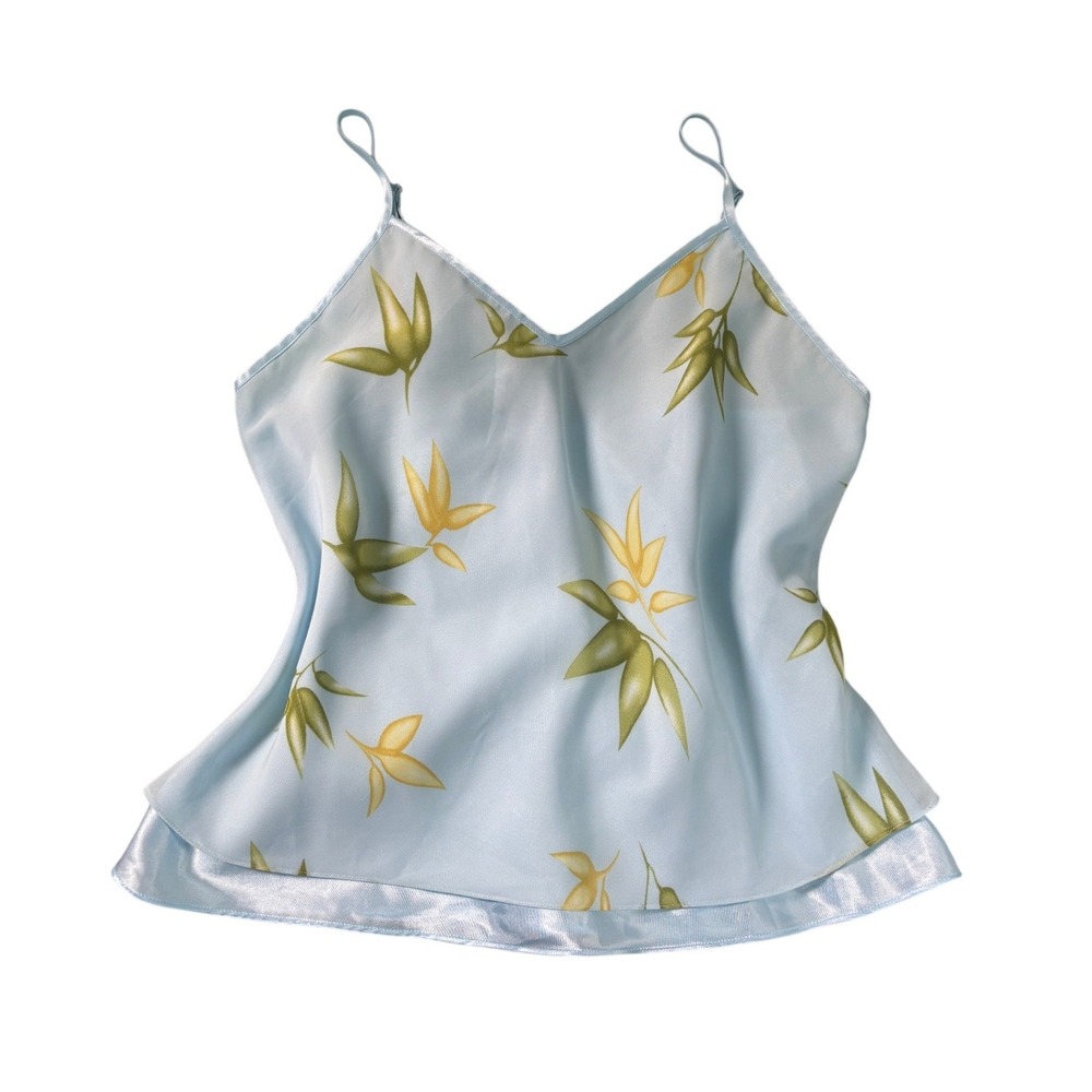 Y2K Light Blue Satin Bamboo Leaf Print Camisole V-Neck Adjustable Strap Tank Top